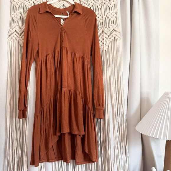 Free People Best Girl Tiered Swing Tunic Dress – Cognac Brown, Size S (GUC) - Picture 1 of 5